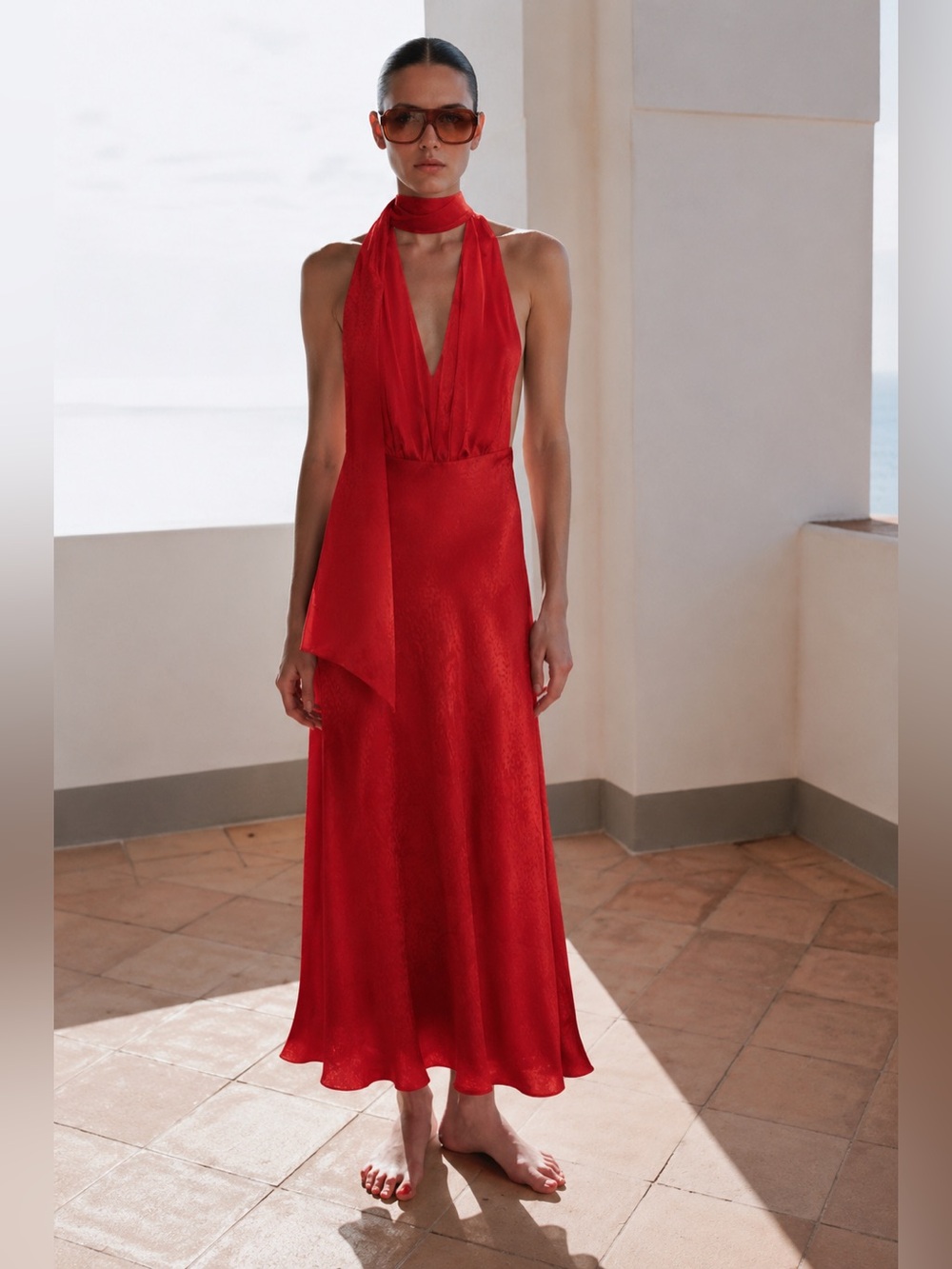 NWT ZARA RED SATIN EFFECT JACQUARD MIDI DRESS